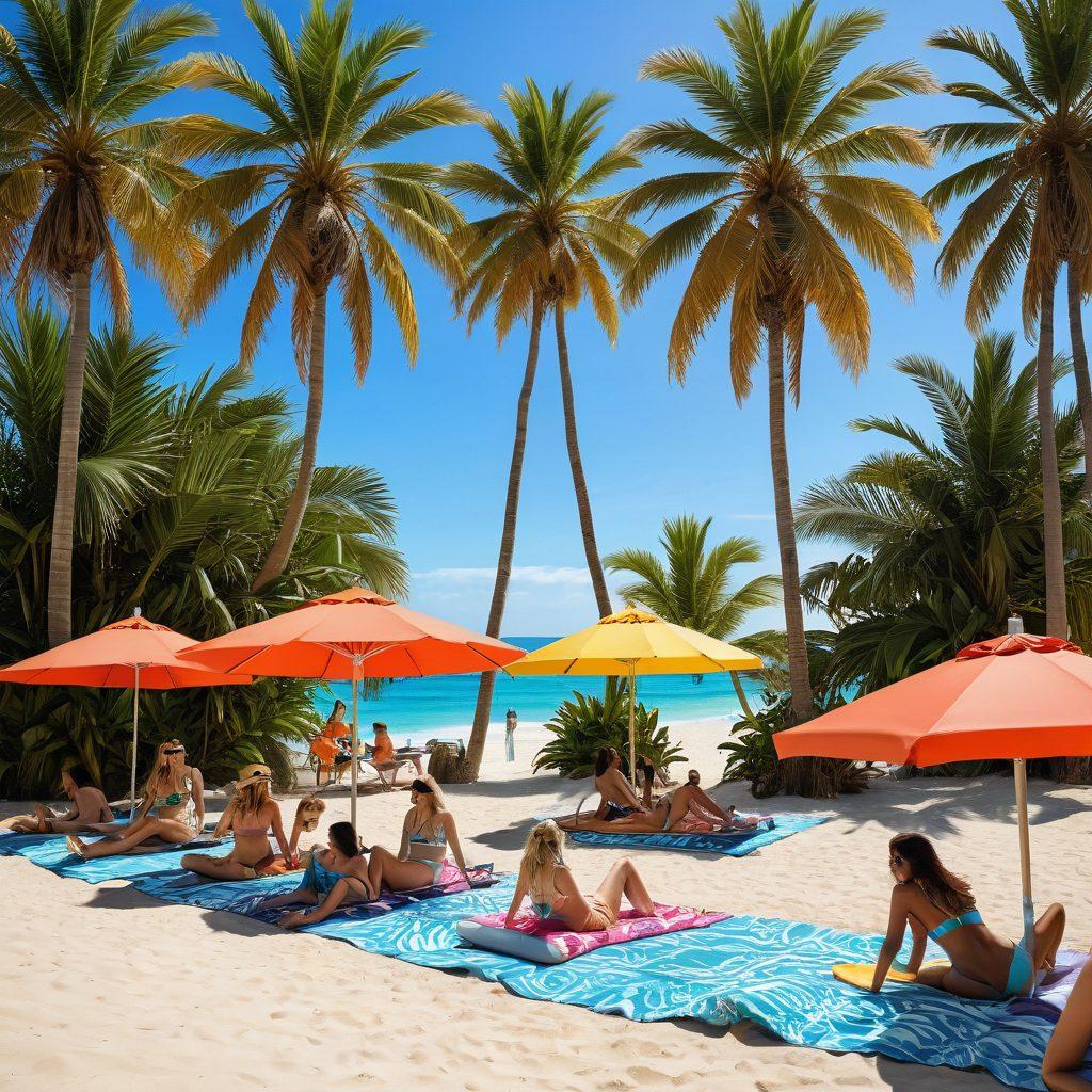 A vibrant beach scene featuring diverse models wearing stylish bikinis, lounging on colorful beach towels under bright umbrellas, with palm trees swaying in the background. Include elements of adult entertainment subtly integrated, like a beach bar with cocktails and a DJ booth. Capture the essence of summer fashion trends with playful beach accessories and a lively atmosphere. bright colors. 3D. tropical art.